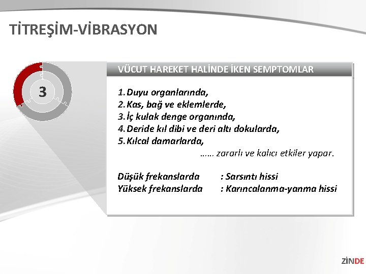 TİTREŞİM-VİBRASYON VÜCUT HAREKET HALİNDE İKEN SEMPTOMLAR 3 1. Duyu organlarında, 2. Kas, bağ ve