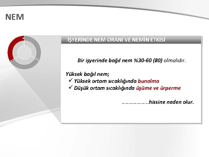 NEM İŞYERİNDE NEM ORANI VE NEMİN ETKİSİ Bir işyerinde bağıl nem %30 -60 (80)