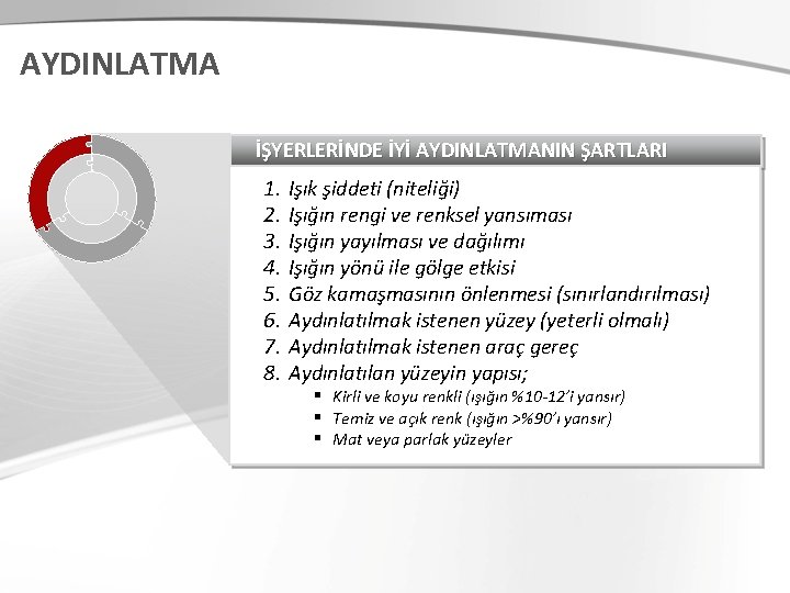 AYDINLATMA İŞYERLERİNDE İYİ AYDINLATMANIN ŞARTLARI 1. Işık şiddeti (niteliği) 2. Işığın rengi ve renksel