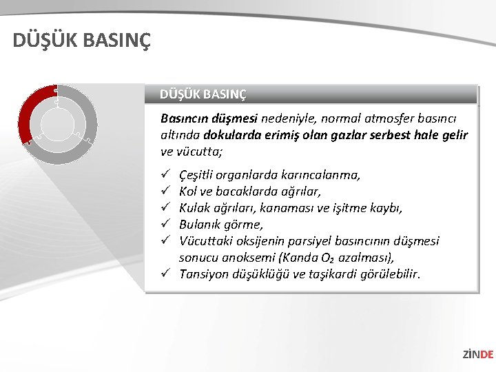 DÜŞÜK BASINÇ Basıncın düşmesi nedeniyle, normal atmosfer basıncı altında dokularda erimiş olan gazlar serbest