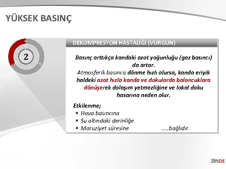 YÜKSEK BASINÇ DEKOMPRESYON HASTALIĞI (VURGUN) 2 Basınç arttıkça kandaki azot yoğunluğu (gaz basıncı) da