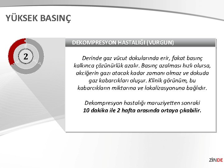 YÜKSEK BASINÇ DEKOMPRESYON HASTALIĞI (VURGUN) 2 Derinde gaz vücut dokularında erir, fakat basınç kalkınca