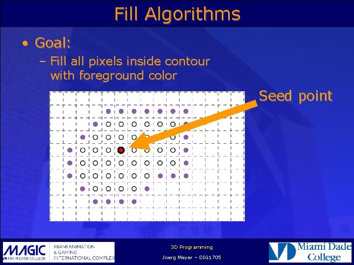 Fill Algorithms • Goal: – Fill all pixels inside contour with foreground color Seed