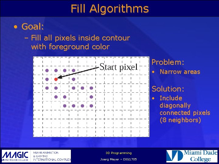 Fill Algorithms • Goal: – Fill all pixels inside contour with foreground color Problem: