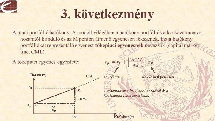3. következmény • Hozam (r) CML r. M M r. M – rf az