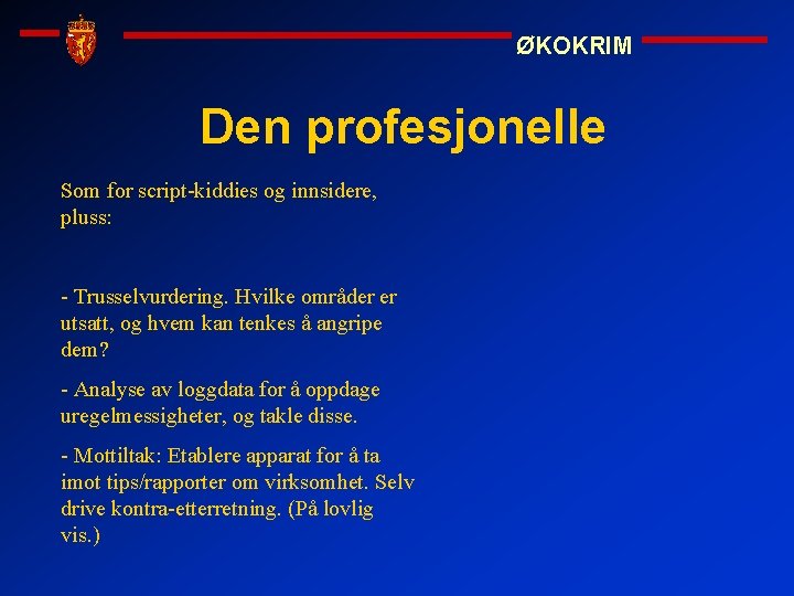 ØKOKRIM Den profesjonelle Som for script-kiddies og innsidere, pluss: - Trusselvurdering. Hvilke områder er