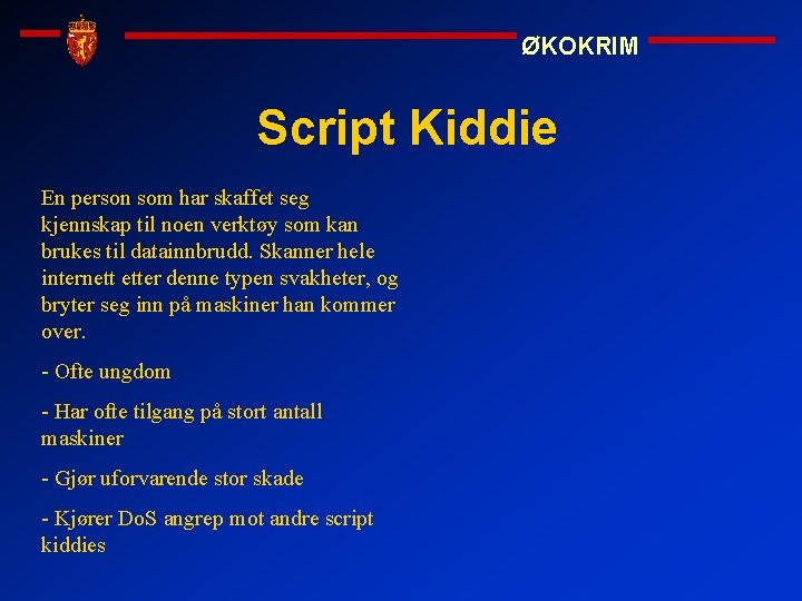 ØKOKRIM Script Kiddie En person som har skaffet seg kjennskap til noen verktøy som