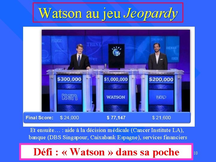 Watson au jeu Jeopardy Et ensuite… : aide à la décision médicale (Cancer Institute