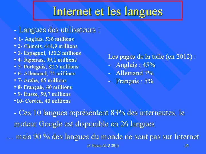 Internet et les langues - Langues des utilisateurs : • 1 - Anglais, 536