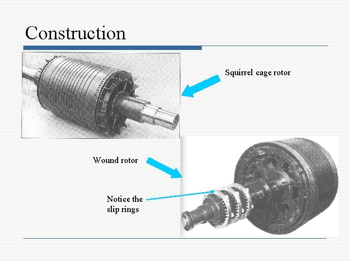 Construction Squirrel cage rotor Wound rotor Notice the slip rings 