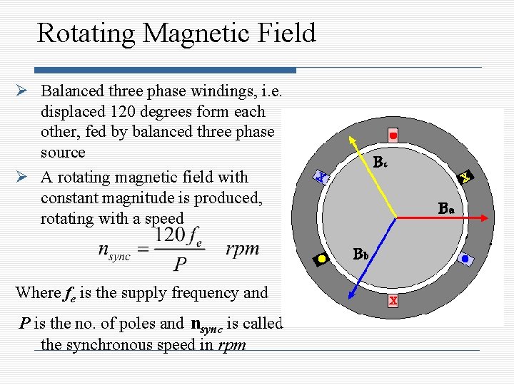 Rotating Magnetic Field Balanced three phase windings, i. e. displaced 120 degrees form each