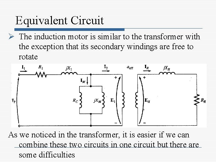 Equivalent Circuit The induction motor is similar to the transformer with the exception that