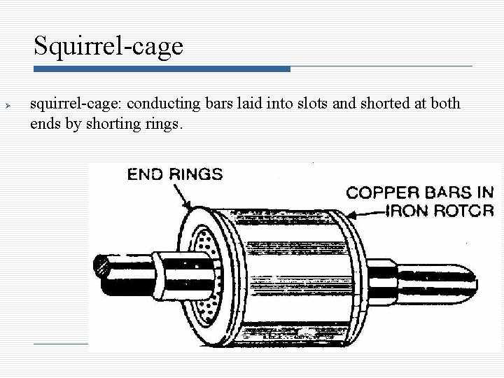 Squirrel-cage squirrel-cage: conducting bars laid into slots and shorted at both ends by shorting