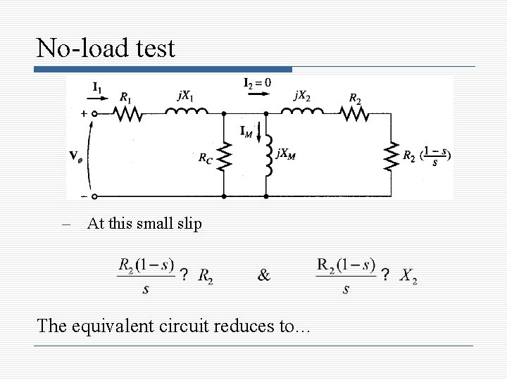 No-load test – At this small slip The equivalent circuit reduces to… 