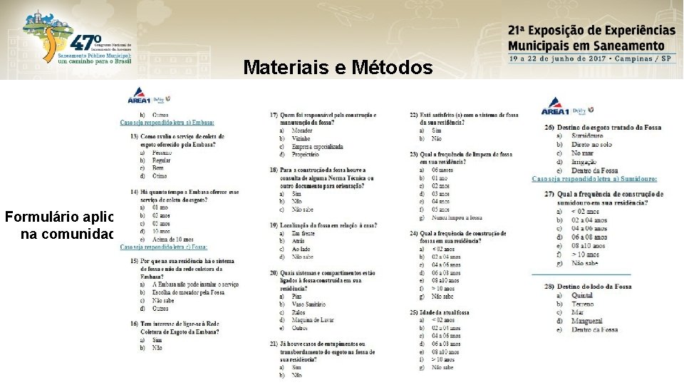 Materiais e Métodos Formulário aplicado na comunidade 