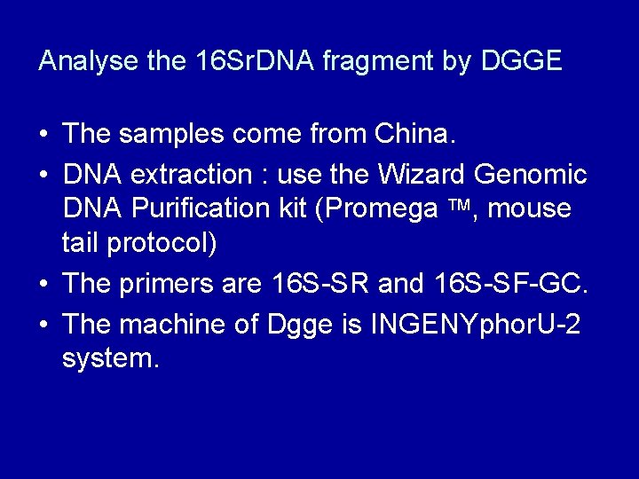 Analyse the 16 Sr. DNA fragment by DGGE • The samples come from China. Analyse the 16 Sr. DNA fragment by DGGE • The samples come from China.