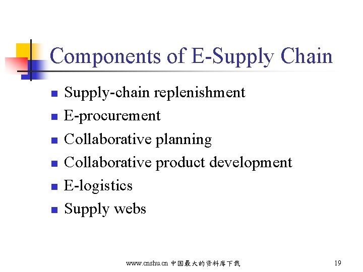 Components of E-Supply Chain n n n Supply-chain replenishment E-procurement Collaborative planning Collaborative product
