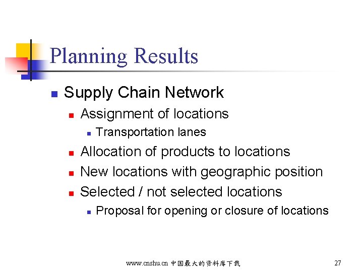 Planning Results n Supply Chain Network n Assignment of locations n n Transportation lanes