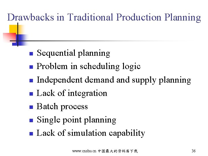 Drawbacks in Traditional Production Planning n n n n Sequential planning Problem in scheduling
