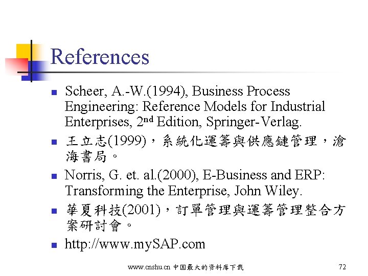 References n n n Scheer, A. -W. (1994), Business Process Engineering: Reference Models for