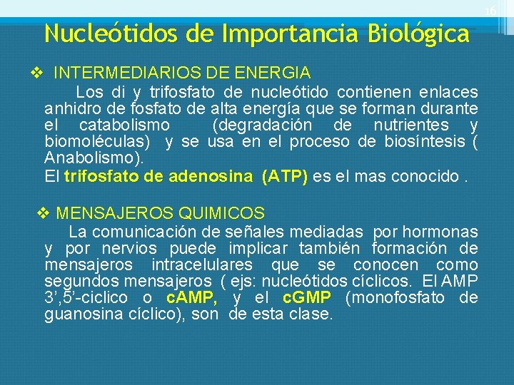 Nucleótidos de Importancia Biológica v INTERMEDIARIOS DE ENERGIA Los di y trifosfato de nucleótido