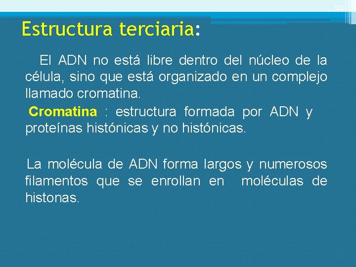 32 Estructura terciaria: terciaria El ADN no está libre dentro del núcleo de la