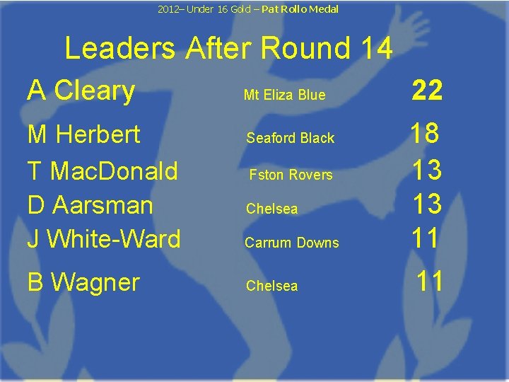 2012– Under 16 Gold – Pat Rollo Medal Leaders After Round 14 A Cleary