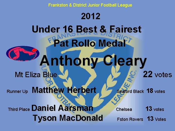 Frankston & District Junior Football League 2012 Under 16 Best & Fairest Pat Rollo