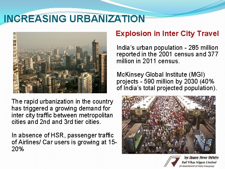 INCREASING URBANIZATION Explosion in Inter City Travel India’s urban population - 285 million reported