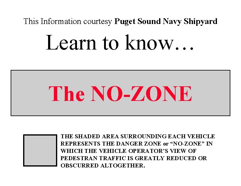 This Information courtesy Puget Sound Navy Shipyard Learn to know… The NO-ZONE THE SHADED