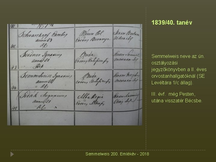 1839/40. tanév Semmelweis neve az ún. osztályozási jegyzőkönyvben a II. éves orvostanhallgatóknál (SE Levéltára