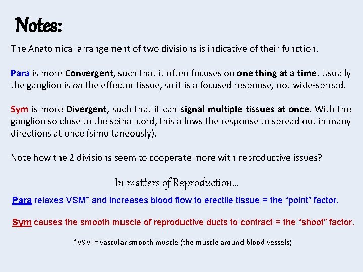 Notes: The Anatomical arrangement of two divisions is indicative of their function. Para is