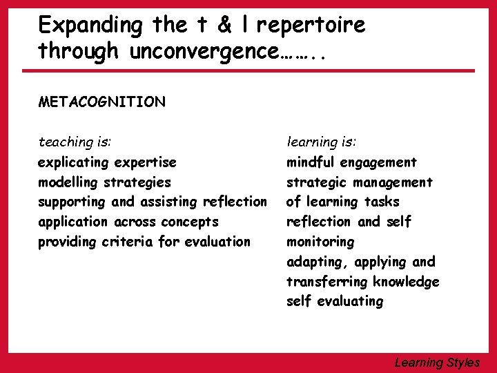 Expanding the t & l repertoire through unconvergence……. . METACOGNITION teaching is: explicating expertise