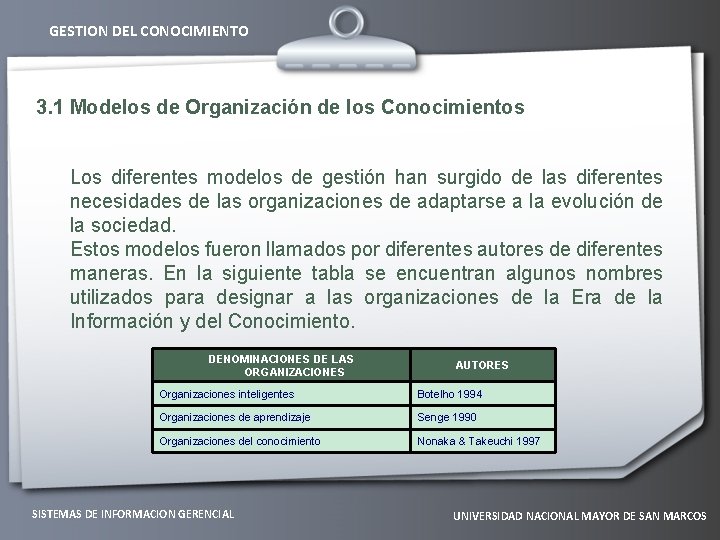 GESTION DEL CONOCIMIENTO 3. 1 Modelos de Organización de los Conocimientos Los diferentes modelos