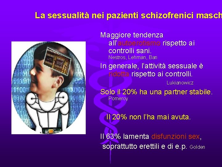 La sessualità nei pazienti schizofrenici masch Maggiore tendenza all’autoerotismo rispetto ai controlli sani. Nestros,