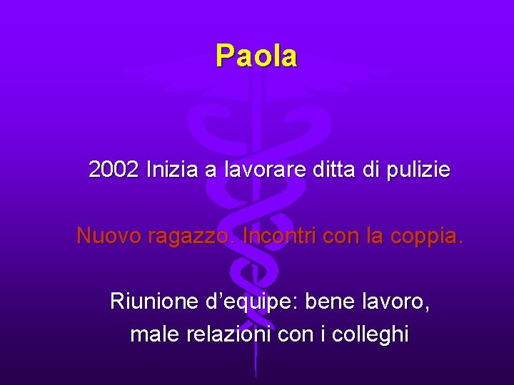 Paola 2002 Inizia a lavorare ditta di pulizie Nuovo ragazzo. Incontri con la coppia.
