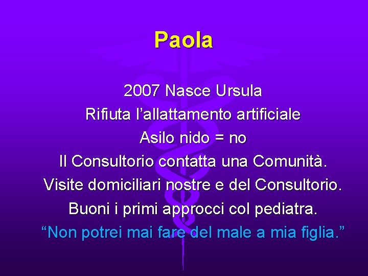 Paola 2007 Nasce Ursula Rifiuta l’allattamento artificiale Asilo nido = no Il Consultorio contatta