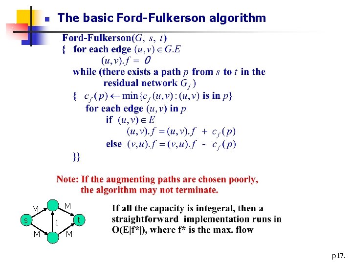 n The basic Ford-Fulkerson algorithm M M s t 1 M M p 17.