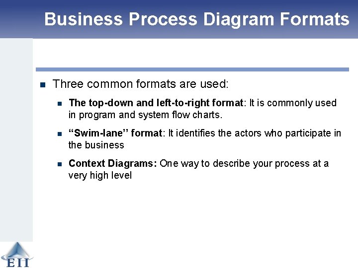 Business Process Diagram Formats n Three common formats are used: n The top-down and