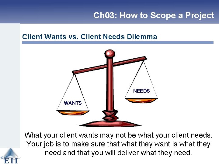 Ch 03: How to Scope a Project Client Wants vs. Client Needs Dilemma NEEDS