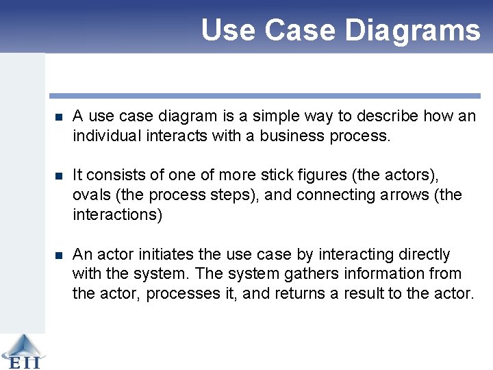 Use Case Diagrams n A use case diagram is a simple way to describe