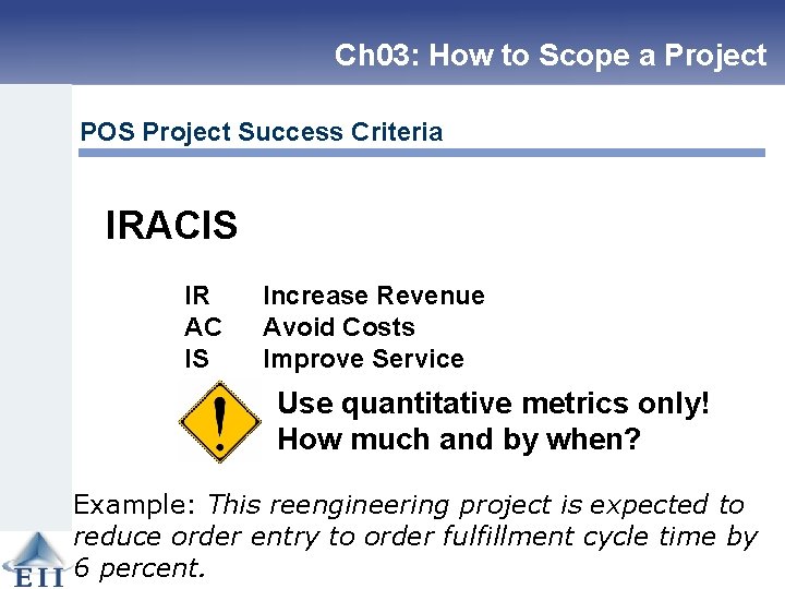 Ch 03: How to Scope a Project POS Project Success Criteria IRACIS IR AC