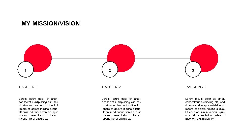 MY MISSION/VISION 1 2 3 PASSION 1 PASSION 2 PASSION 3 Lorem ipsum dolor