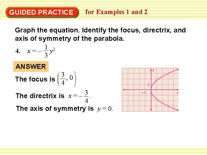 Warm-Up Exercises GUIDED PRACTICE for Examples 1 and 2 Graph the equation. Identify the