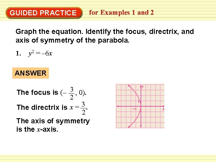 Warm-Up Exercises GUIDED PRACTICE for Examples 1 and 2 Graph the equation. Identify the