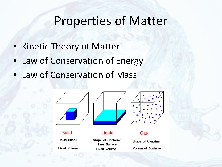 Properties of Matter • Kinetic Theory of Matter • Law of Conservation of Energy