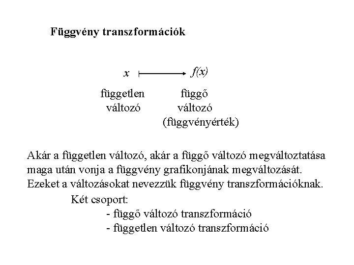 Függvény transzformációk x független változó f(x) függő változó (függvényérték) Akár a független változó, akár