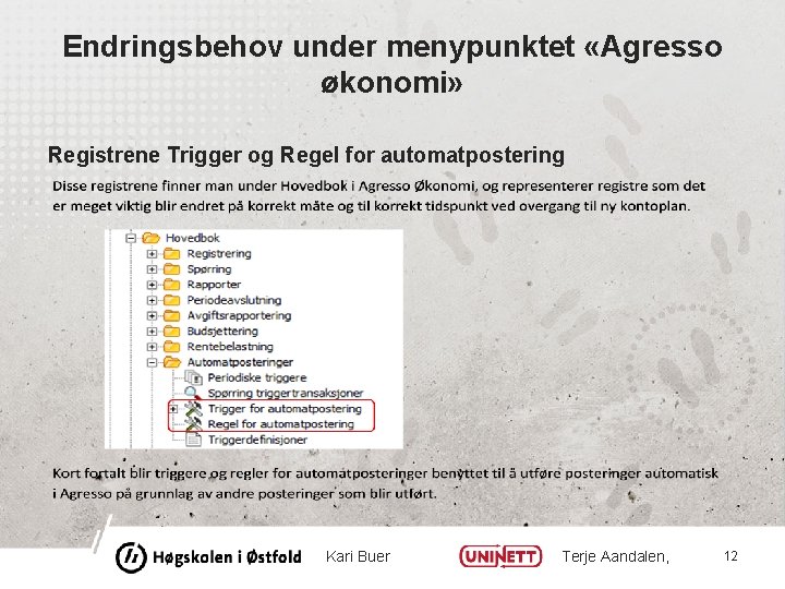 Endringsbehov under menypunktet «Agresso økonomi» Registrene Trigger og Regel for automatpostering Kari Buer Terje