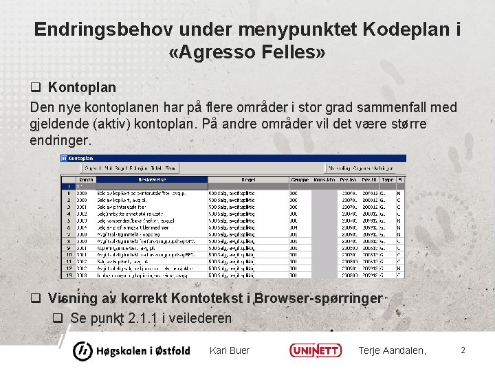 Endringsbehov under menypunktet Kodeplan i «Agresso Felles» q Kontoplan Den nye kontoplanen har på