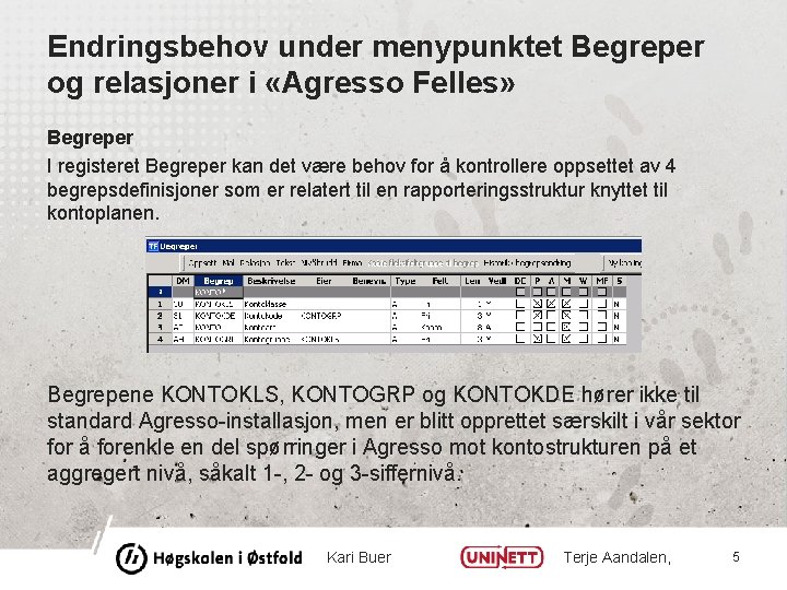 Endringsbehov under menypunktet Begreper og relasjoner i «Agresso Felles» Begreper I registeret Begreper kan